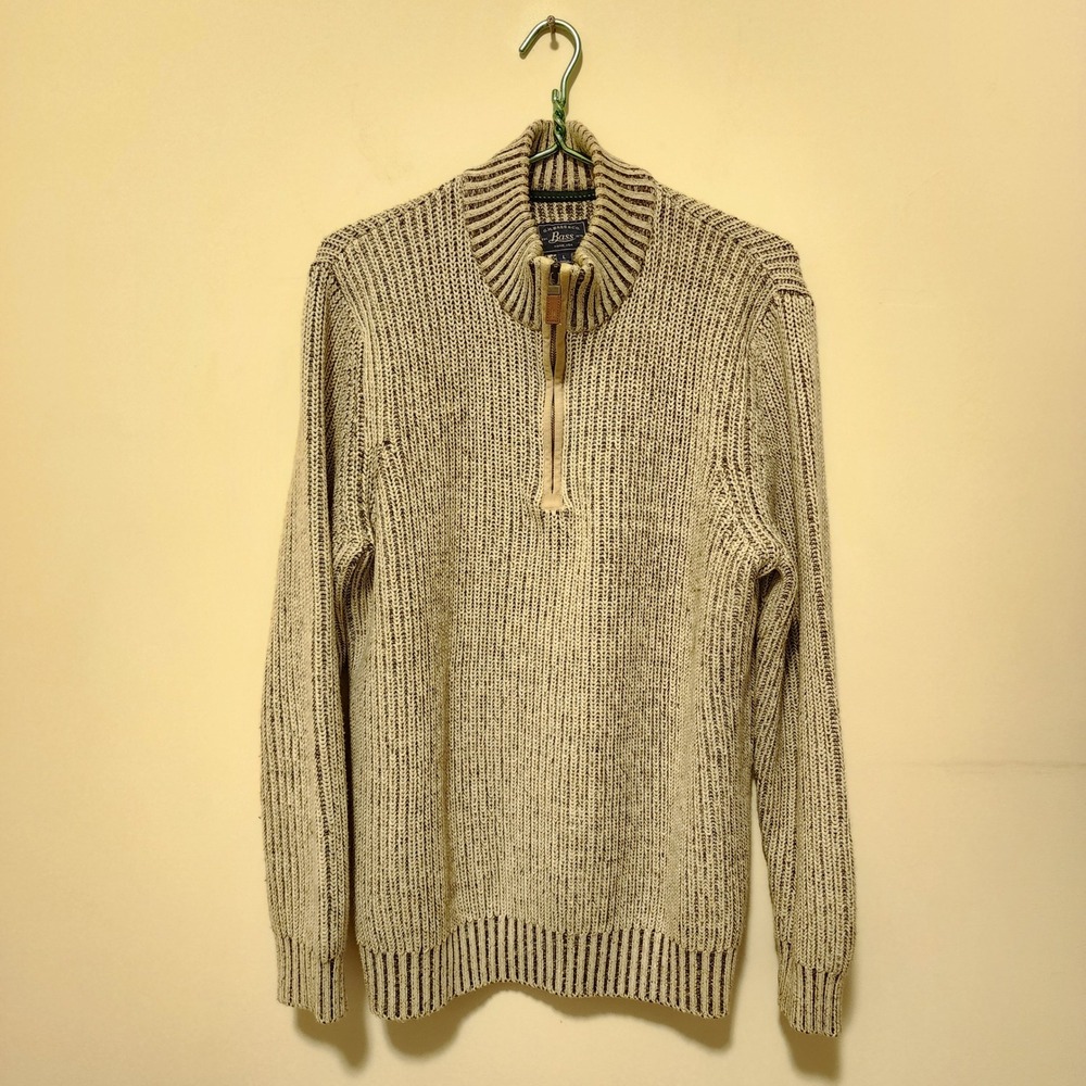 GH Bass & Co Mens Large Quarter Zip Sweater Marled Beige Cotton Blend Knit